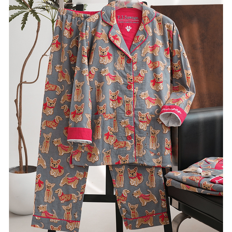 PJSawage双面磨毛棉质长袖长裤套装可外穿睡衣月子服家居服女pjs|undefined