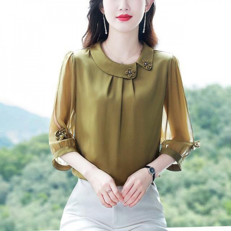 夏のおしゃれな中年ママ向け涼しい無地シャツ、七分袖シフォンシャツ、お腹カバーと年齢軽減に万能なトップス|undefined