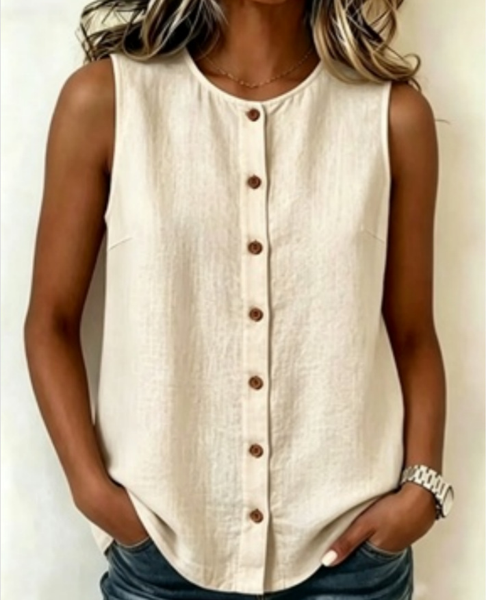 20026 / Amazon Europa y América populares transfronterizas chaleco casual de algodón camisa de mujer sin mangas botones de cuello redondo image 9