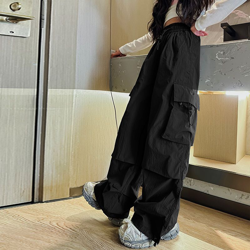 Children's Summer Thin Pants for Girls, Straight-Leg Cargo Pants, Spring and Autumn Trendy Cool Jazz Street Dance Wide-Leg Pants for Older Children