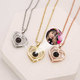 100种语言爱的记忆双爱心投影项链镶钻小香风百搭可图片定 制