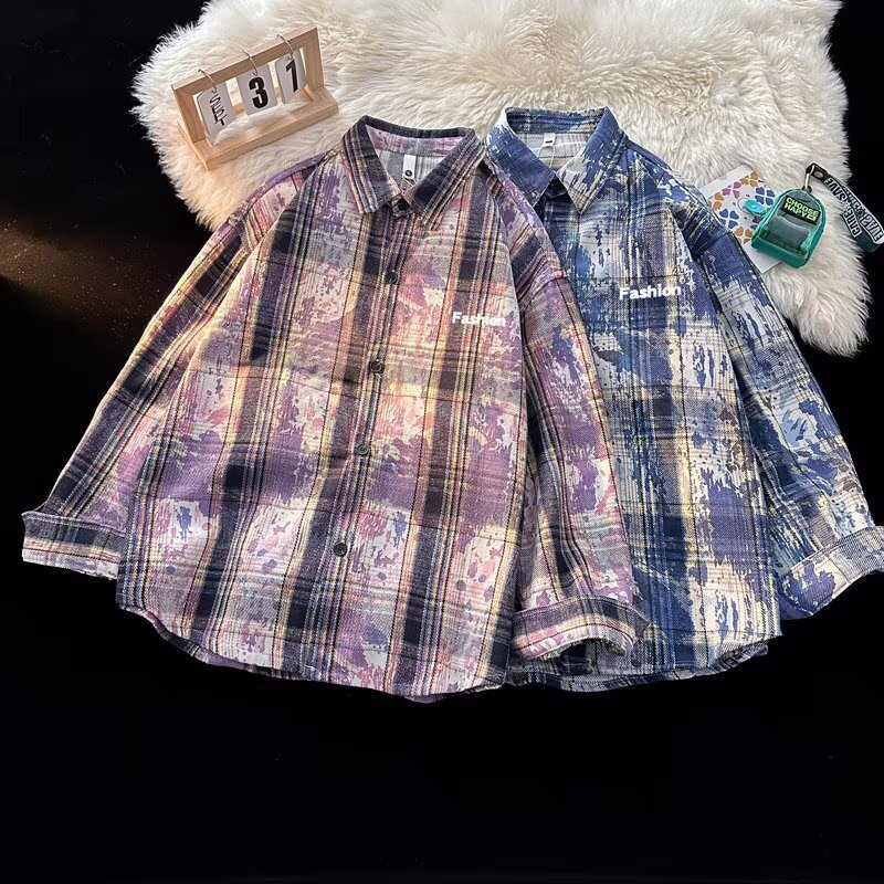American-Style Tie-Dye High-End Plaid Shirt for Men, 2025 New Spring and Autumn Long-Sleeve Cool Retro Splash-Ink Top