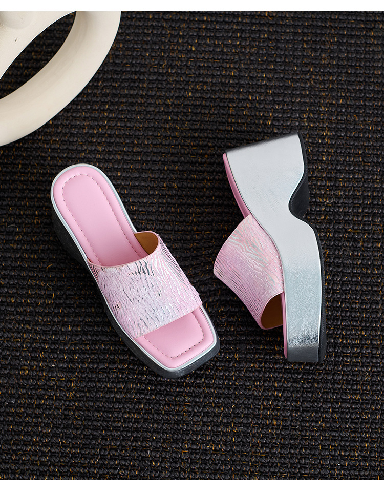 Sandal cao gót nữ hở mũi đế xuồng vuông chất da bò lông ngựa — Hồng ngó sen, màu mơ chi tiết 17