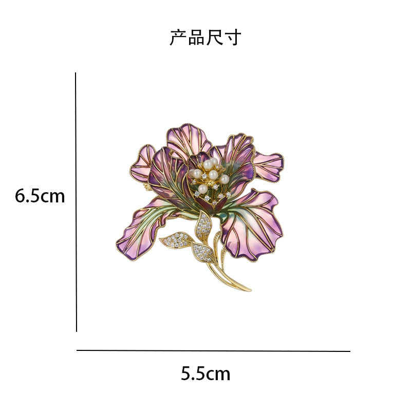 Chinese-Style Enamel Large Flower Brooch with a High-End Luxury Feel, Featuring Micro-Inlaid Zirconium Pearl, Elegant and Sophisticated Brooch