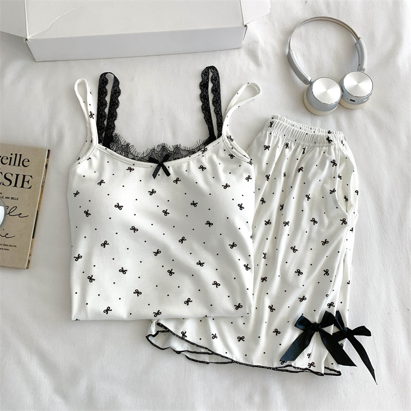 Korean Sweet Bow Suspender Pajamas for Women Summer Style Pure Lust Sexy Lace Shorts Home Wear Set