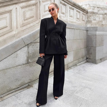 欧美跨境通勤黑色西装套装女2025秋季时尚职场收腰西服西裤两件套
