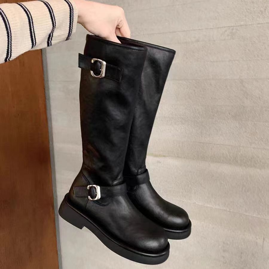 Grape Mom otoño e invierno nuevo estilo polaco pictórico ~ Hebilla de punta redonda de moda, tacón grueso, pero botas altas hasta la rodilla, botas de caballero, mujer