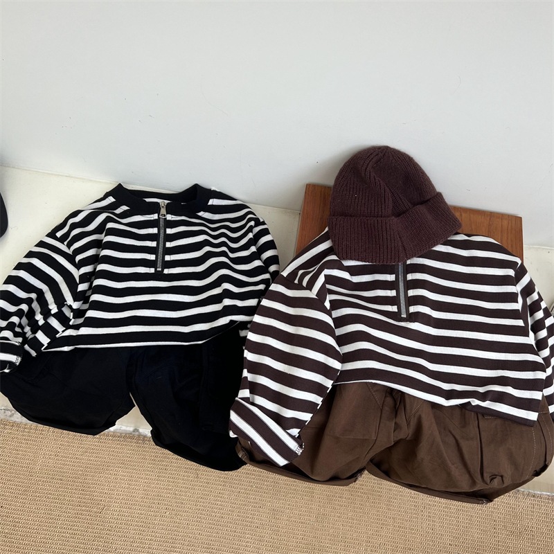 2024 Herbst Kinder American Half Zipper Striped Hoodie für Jungen und Mädchen, Loose Bottom Cotton Langarm Trendy_voghion.com