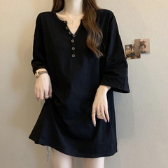 中長サイズvネック半袖tシャツ女性夏300斤太ったMMゆるいデザイン感シンプルな純色上着