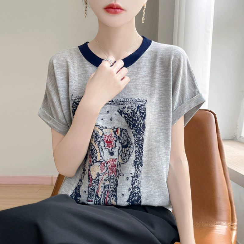 2025 новая летняя модная трикотажная одежда в корейском стиле с круглым вырезом и короткими рукавами, женская тонкая свободная универсальная рубашка для похудения