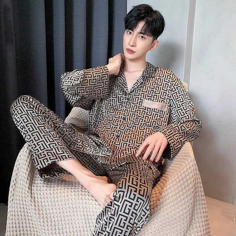Ice Silk Pajamas Men's Spring and Autum Thin Long-Sleeved Pants Casual Outer Wear Home Clothes Men's Summer Cool Suit