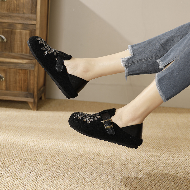 外贸2025年夏季女士平底毛毛鞋保暖绒面内增高水钻穆勒鞋韩版新款