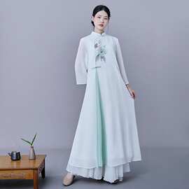 新款中国风女装改良版中式复古风雪纺仙气连衣裙夏禅意茶服女