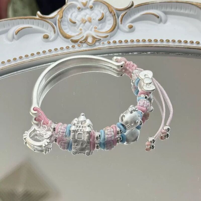 純銀 999 サンリオ漫画ハローキティ城編組ロープブレスレットスターリングシルバーハーフブレスレットガールフレンドブレスレット|undefined