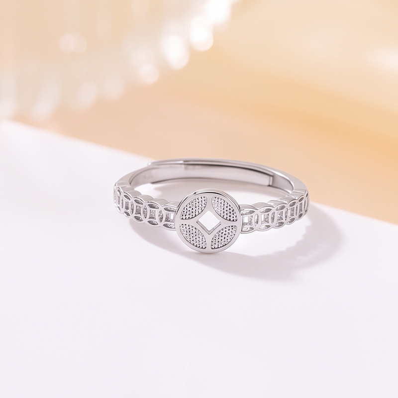 Nhẫn bạc sterling S925 hình đồng xu phong cách Trung Hoa, thiết kế mở điều chỉnh được — Một mảnh