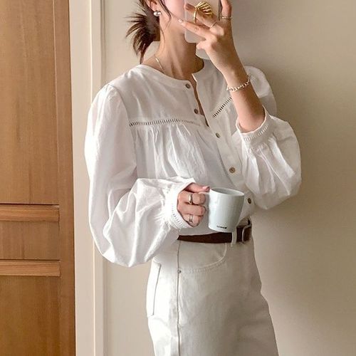 Korean Dongdaemun 2024 New Women's Chic Patchwork Lacing Lace Fashion Spring and Autumn Solid Color Shirt