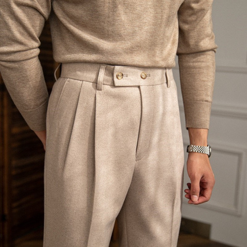 Autumn and winter high-waisted woolen casual pants for men's warm straight and draping gentleman's pure color all-match suit pants