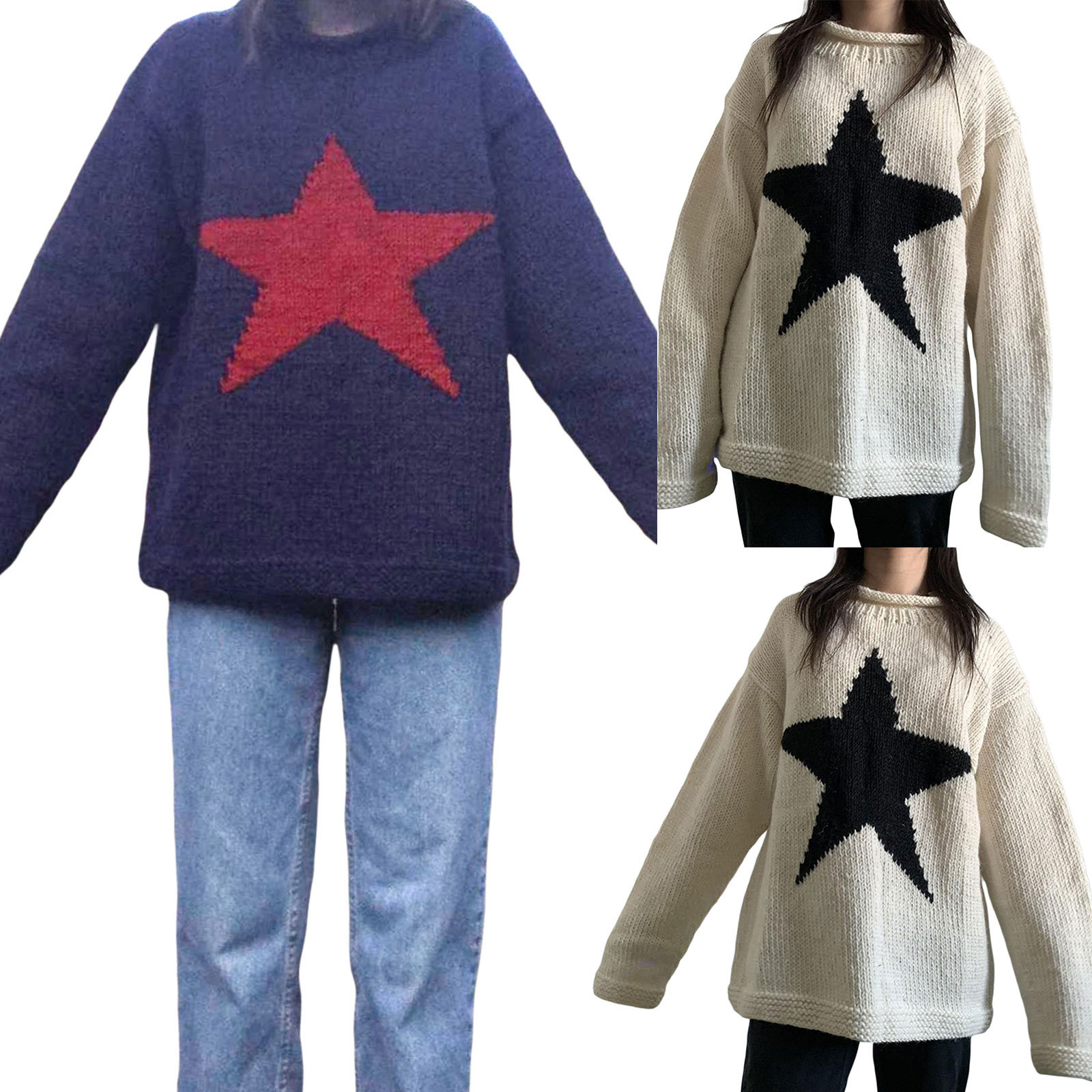 Estación independiente de Amazon Otoño e invierno europeo y americano suéter de color de contraste de estrella de cinco puntas femenino y2g cuello redondo suelto de punto superior femenino 806