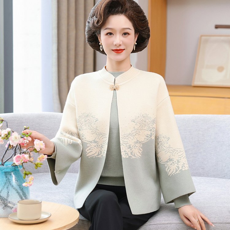 妈妈秋装新款针织开衫两件套装中老年女春秋冬季时尚国风毛衣外套|undefined