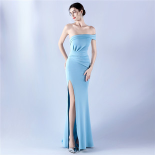 31959# Foreign Trade New Dress Satin Cloth Shoulder Party Evening Dress
