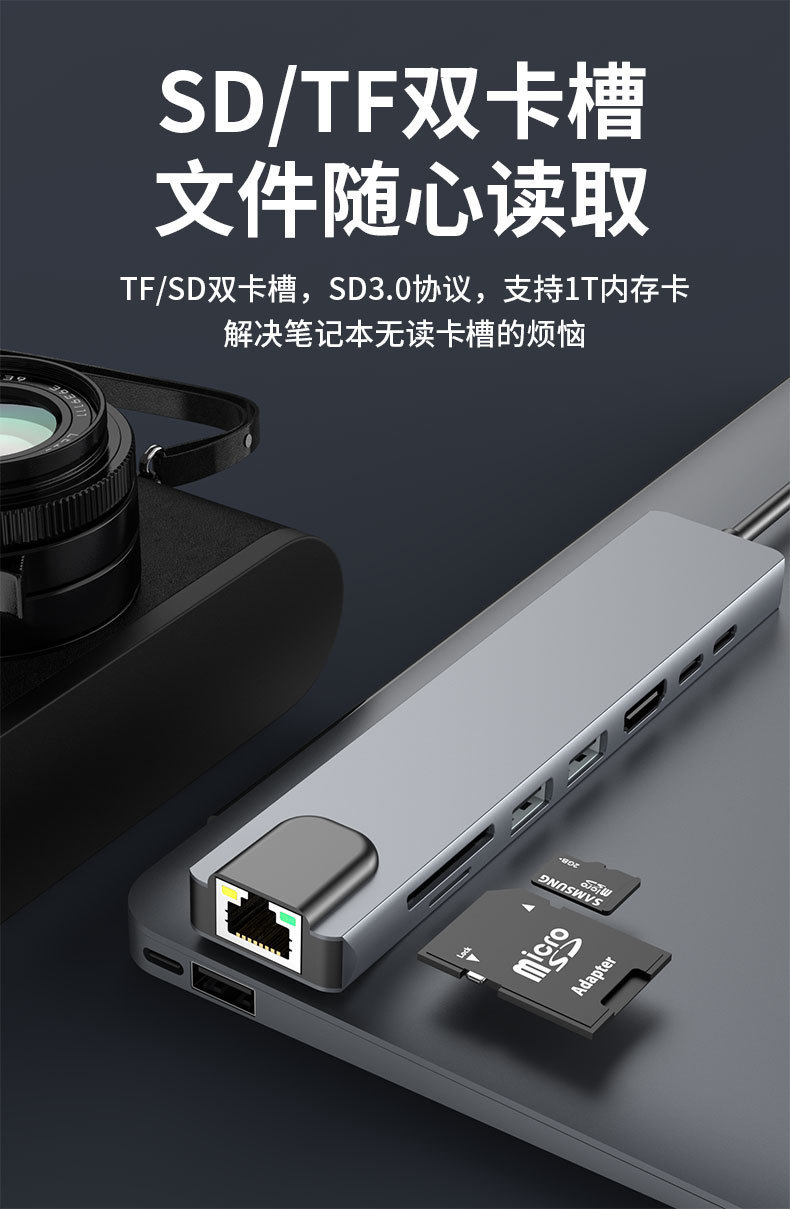 TypeC 8 in 1 Docking Station USB3.0 Hub HDMI Mirror RJ45 Gigabit Network Card TF/SD Card Reader