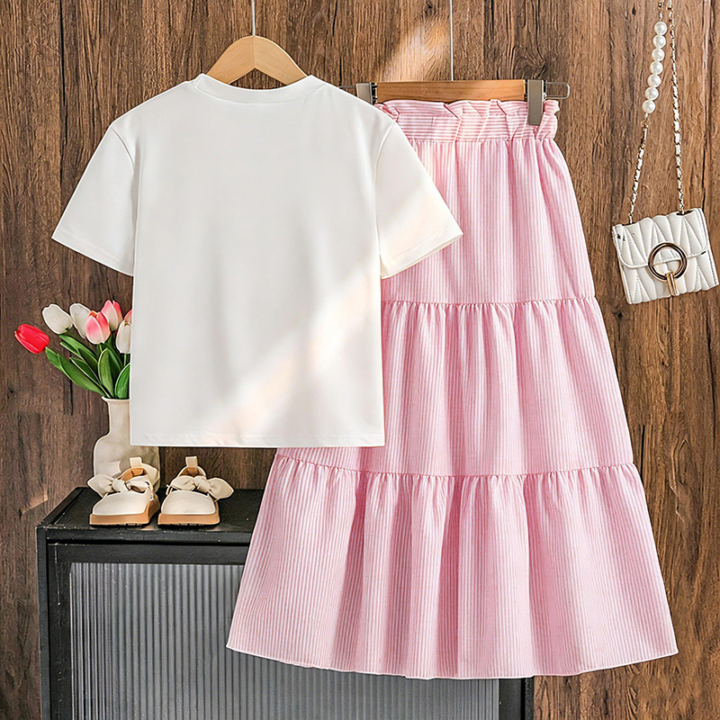 Niñas y niños grandes trajes transfronterizos dulces y frescos de color sólido mangas cortas casuales de cintura alta capa de falda de cintura grande dos piezas