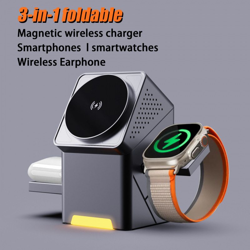 R28 Touch-Control Magnetic 3-in-1 Wireless Charging Stand with Earphone Ejection Design, Suitable for Apple Phone Charging Base and Watch