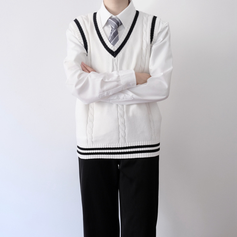 オリジナル JK/DK 制服カレッジスタイル V ネックストライプツイストニットベスト学生ベストセーター男性と女性のため|undefined
