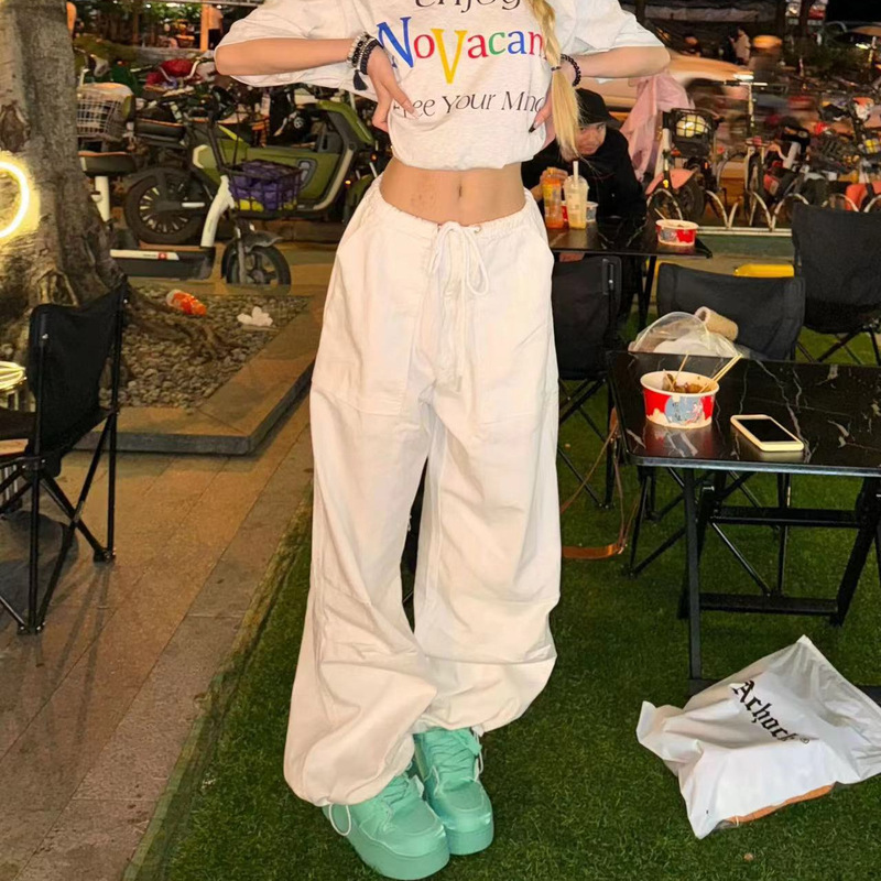 American High Street Hiphop Cargo Pants for Women Summer Low-Waist Slim Wide-Leg Pants Loose Pleated Straight Parachute Pants