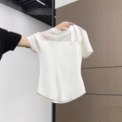 白い純欲微透網糸半袖ニット女性夏の新高級感ストラップ修身tシャツ女性上着