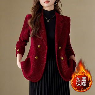 Red Chanel Style Suit Jacket Women's Spring and Autumn Cotton Thick Small Elegant Casual Golden Velvet Suit Top
