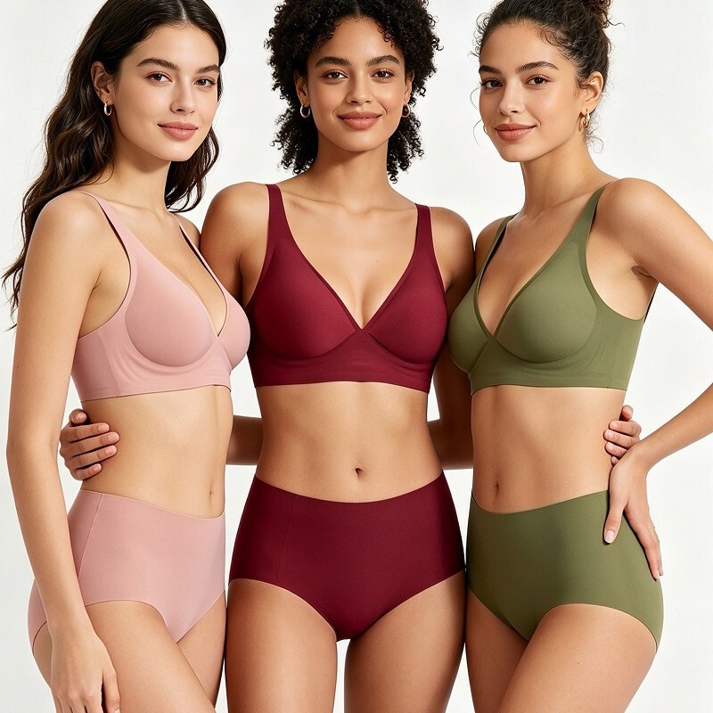 Women's Deep V Seamless Underwear Set Without Underwire, Jelly Strip Soft Support Bra Set, Seamless, Makes Large Busts Appear Smaller