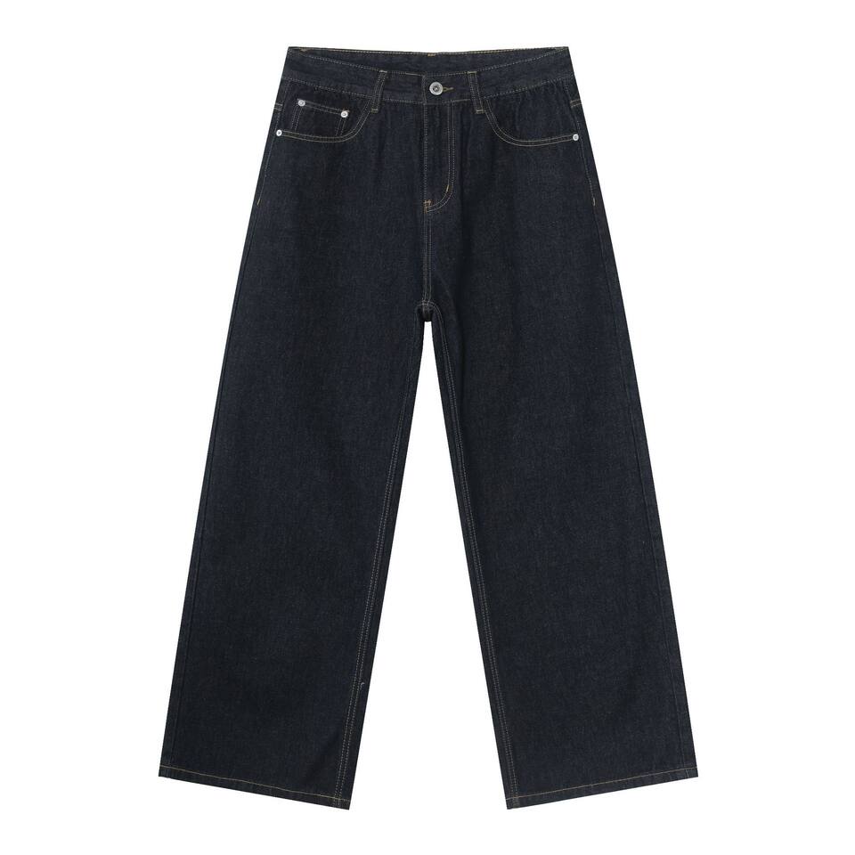 Quần jean nam ống rộng lưng giữa form suông thoải mái phong cách cơ bản — Denim đen, màu xanh denim