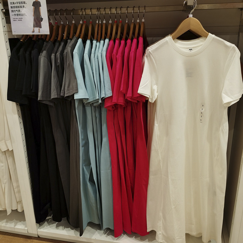 Japanese Order~ Summer Women's Mercerized Cotton A-Line Dress with Short Sleeves and Pockets, Casual Loose Fit Sy458115