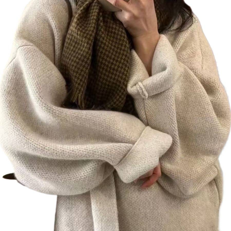 高级显瘦针织开衫毛衣女中长款秋冬纯色慵懒过膝宽松大衣大版外套|undefined