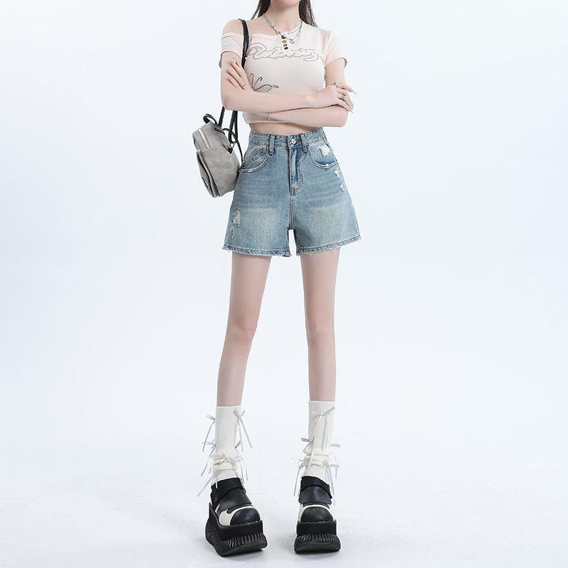 American Retro High-Waisted Denim Shorts for Women, Summer 2025 New Style, Slim-Fit Wide-Leg A-Line Hot Pants for Petite Girls