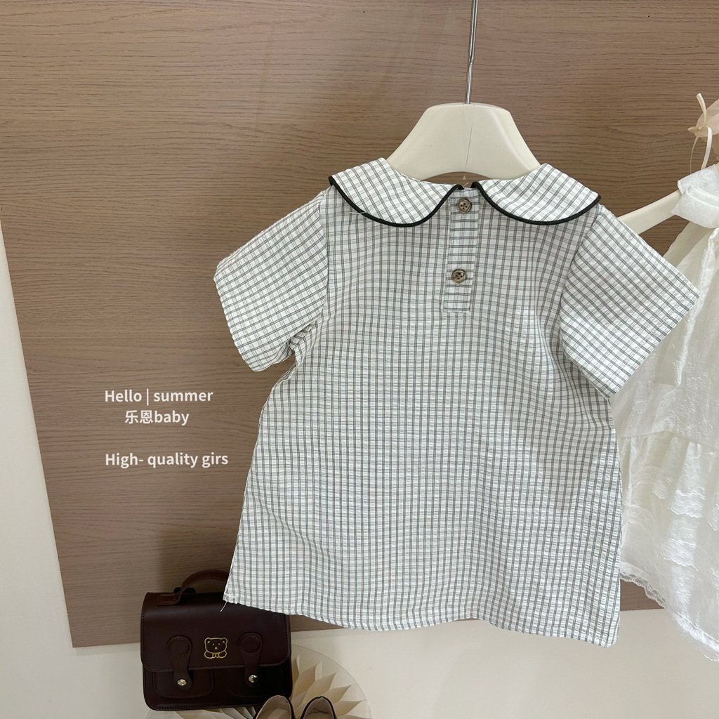 [Le En baby] 25 vestido a cuadros con cuello de muñeca en contraste para niñas de verano, vestido de princesa dulce, falda de estilo occidental