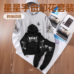 2025新款男士时尚星星字母印花连帽休闲抽绳运动裤套装厂家批发
