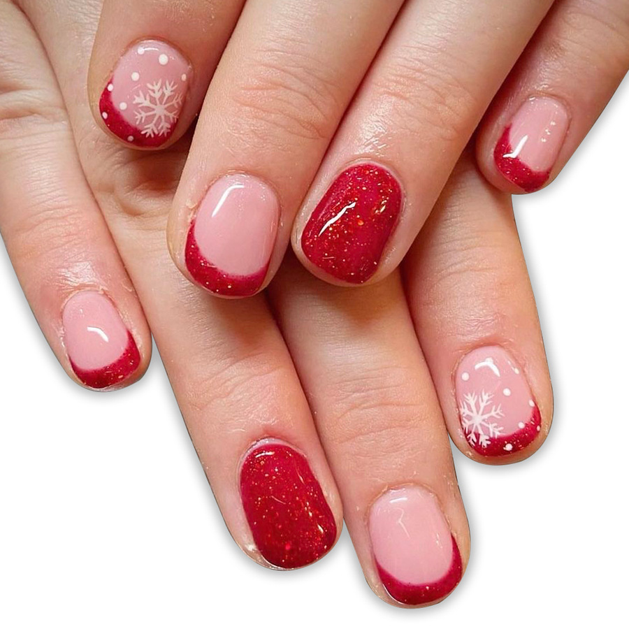 Short Glossy Square Armor 2024 New Christmas Glitter Snowflake Big Red French Nail Art Patch 24_voghion.com