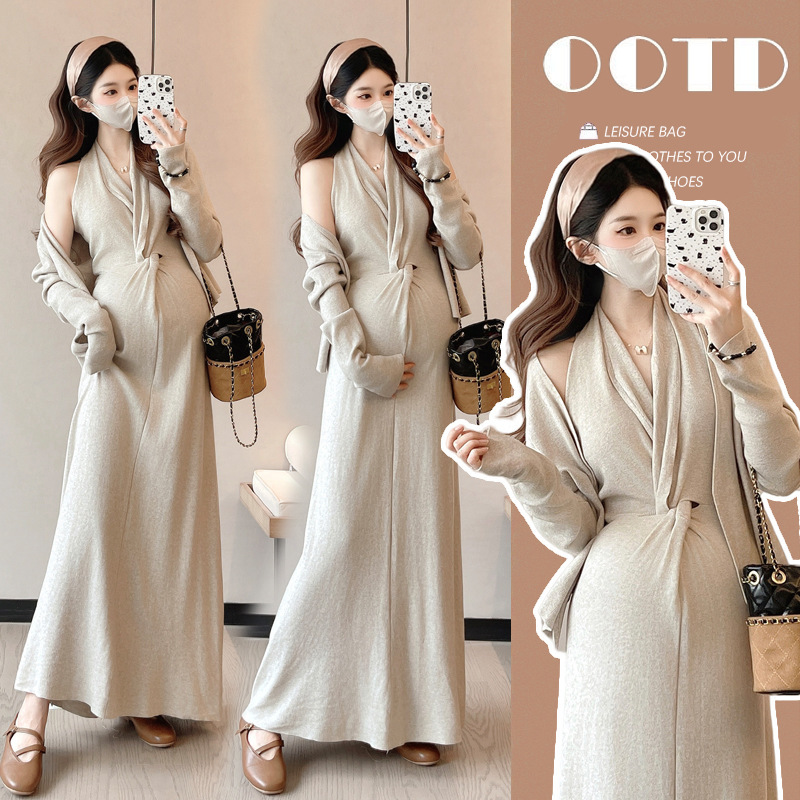 Maternity Suit, Autum Sweater Cardigan, Halter Neck, Extra Long High-End Knitted Dress, Western Style Two-Piece Set