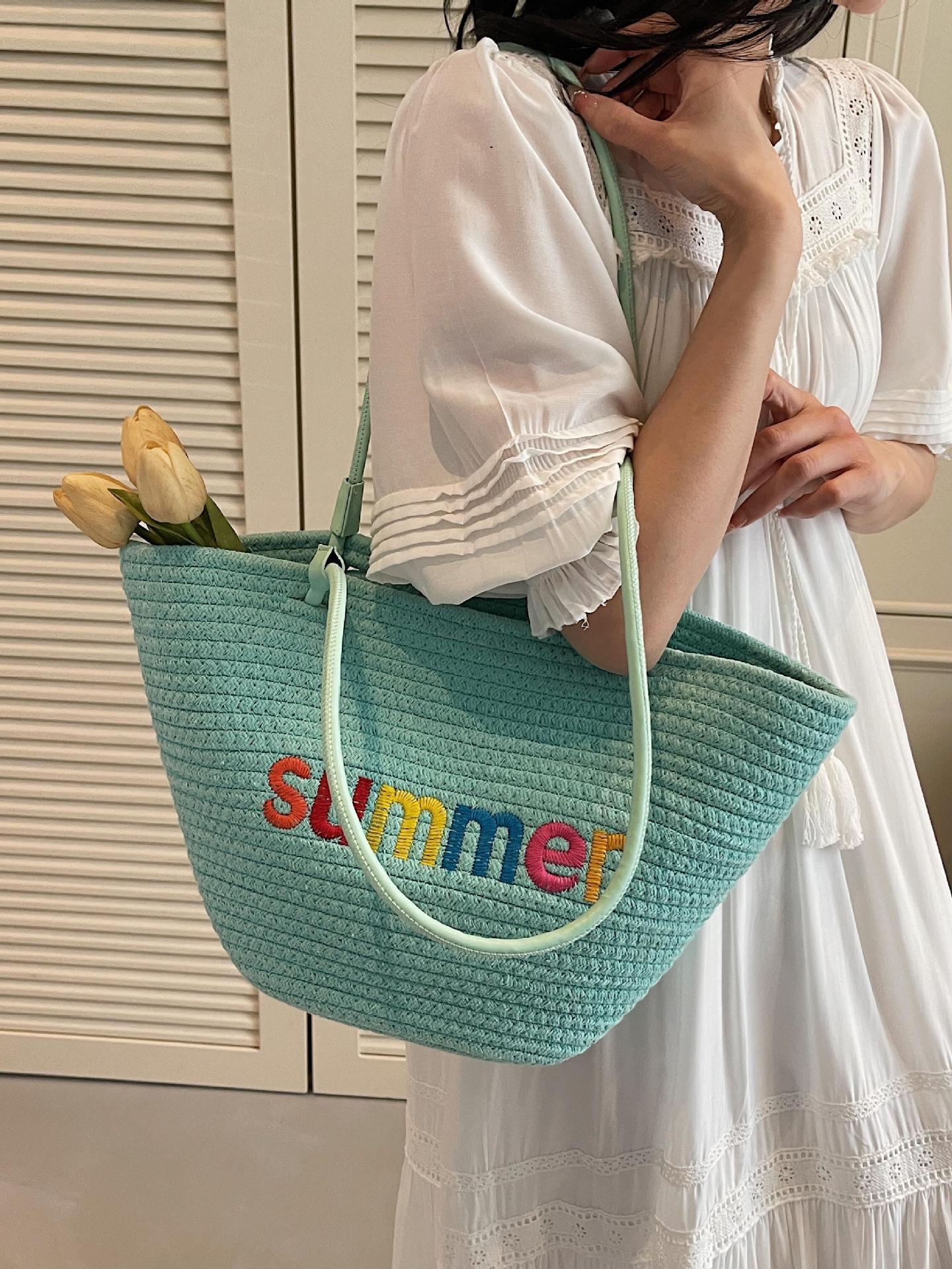 Bolso Tote de Paja Playero, Paja, Diseño Abierto, para Vacaciones y Uso Diario