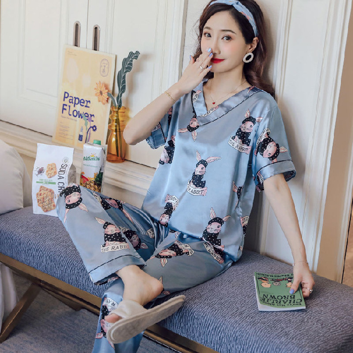 Pijama de seda de hielo para mujeres primavera y otoño corto y largo delgado dulce estilo coreano ropa de seda real dos piezas conjunto