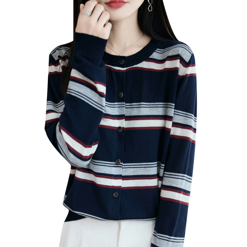 法式设计感撞色条纹针织开衫女新款显瘦宽松毛衣外搭复古女装上衣|undefined