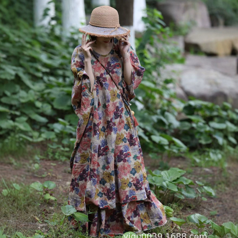 26415A Nostalgic and Rustic Yarn-Dyed Raindrop Print Robe, 55% Linen 45% Cotton, Artistic Fairy Dress, Floral 26415A Nostalgic and Rustic Yarn-Dyed Raindrop Print Robe, 55% Linen 45% Cotton, Artistic Fairy Dress, Floral