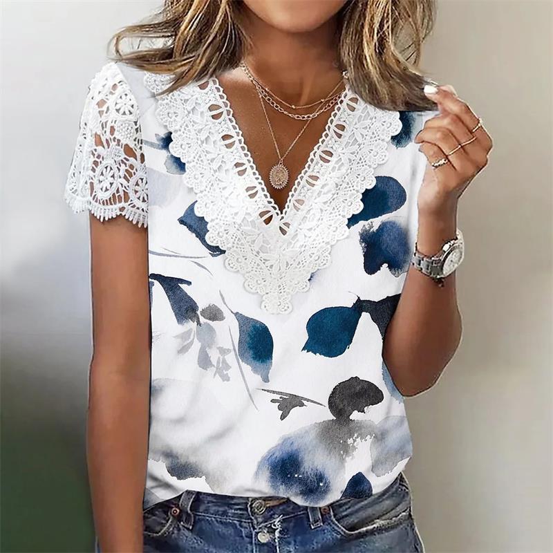 2023 Europe and the United States cross-border Amazon independent station fashion printing lace stitching V-neck loose T-shirt