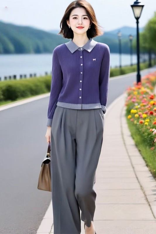 设计感针织开衫两件套女2025秋季新款休闲大方得体穿搭阔腿裤套装|undefined