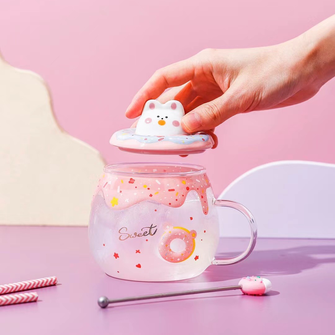 Donut de dibujos animados regalo personalizado de cristal lindo conejo de dibujos animados taza de café fresco de verano con tapa taza de cuchara