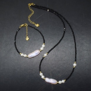 high quality aurora colorful special-shaped baroque mother of pearl clavicle chain artificial black spinel factory wholesale