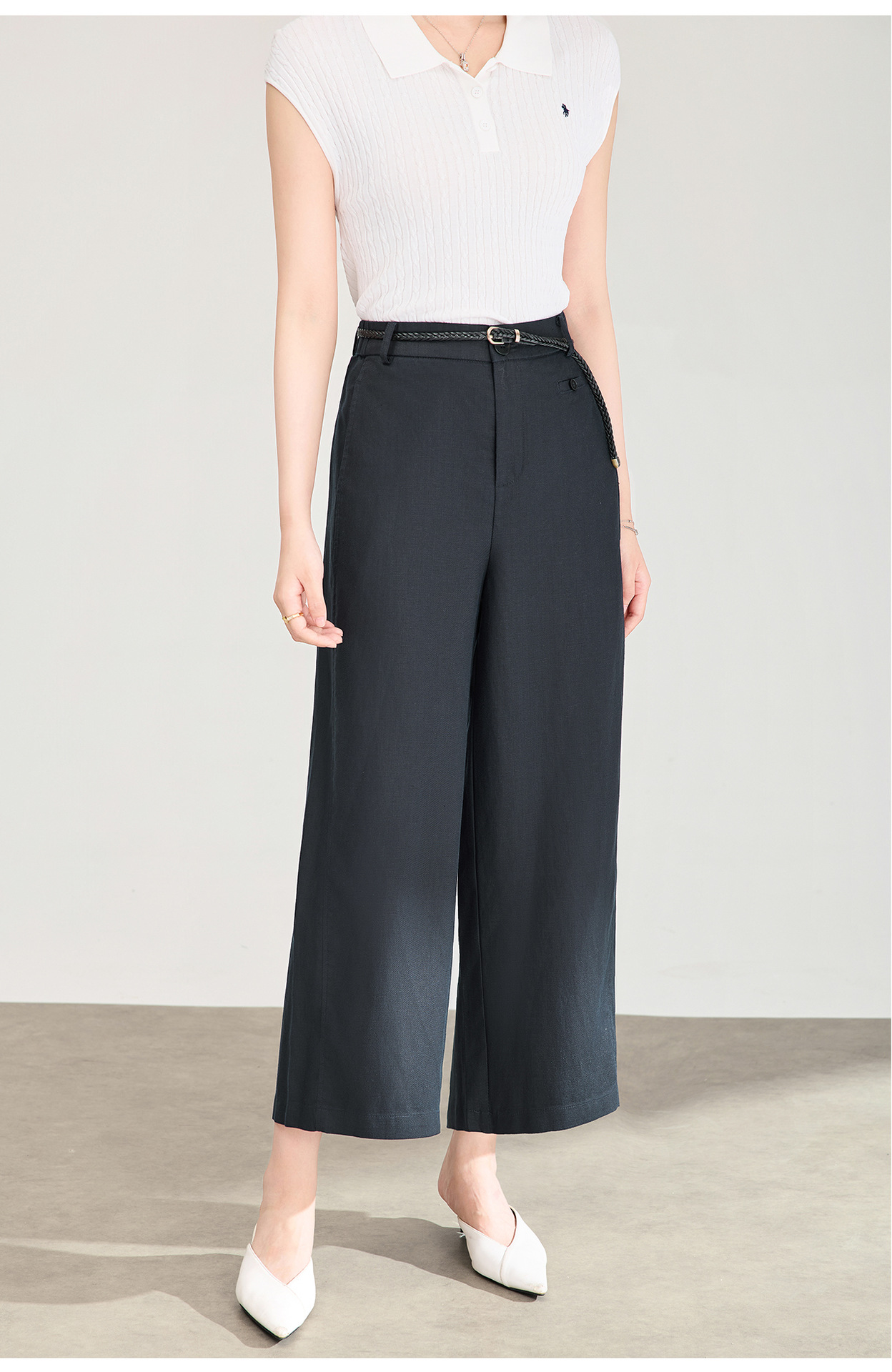 Quần culottes nữ ống rộng dáng suông, cạp cao, chất liệu tencel linen thoáng mát, phù hợp mùa hè — Xanh lông mòng đen chi tiết 13