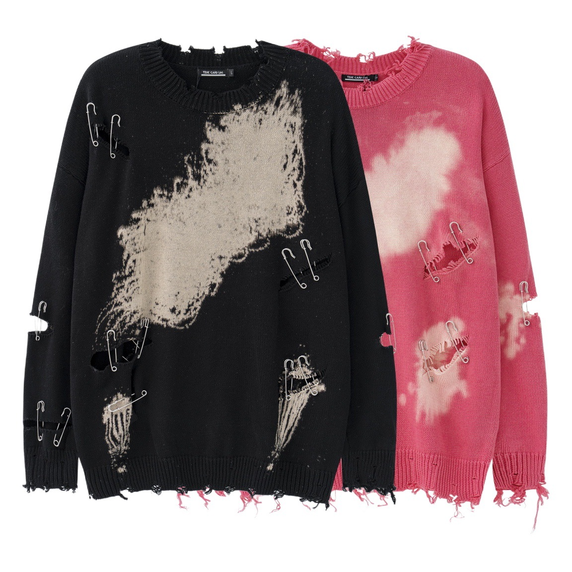 TIDE CARD LOG | Otoño e invierno de la calle de diseño de moda se desvaneció pin ripped pareja cuello redondo suéter Suelto